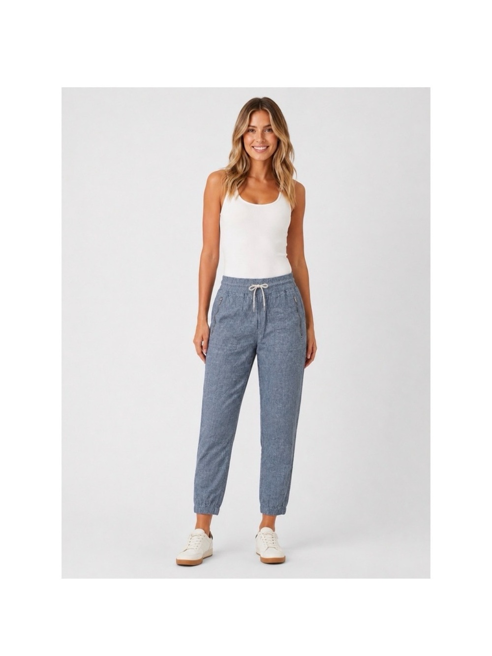 Athleta Cabo Linen Jogger Pants Blue 100% Linen Size 14